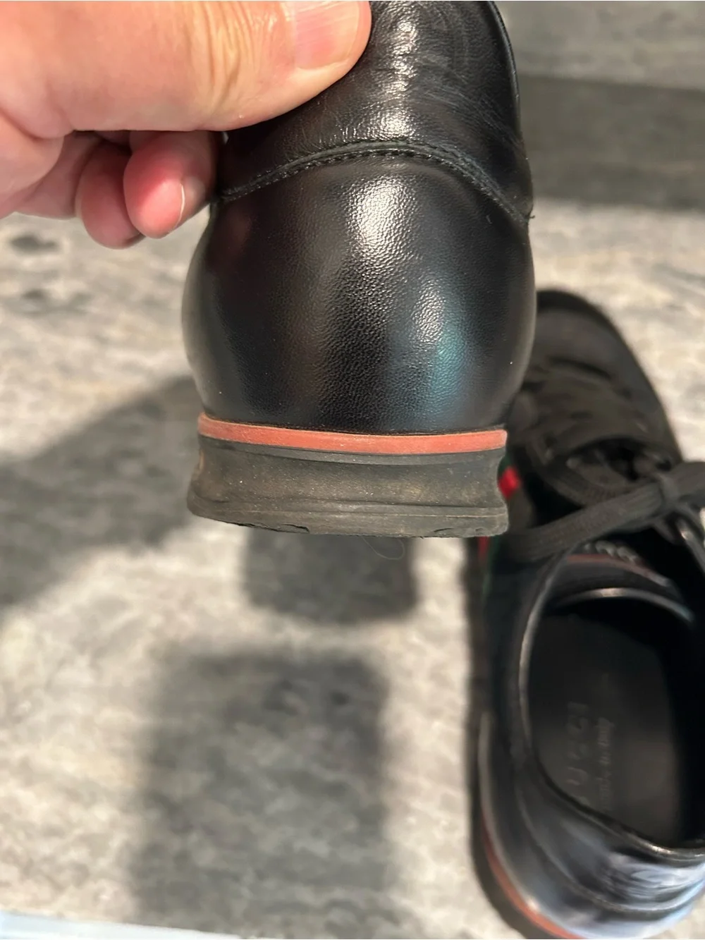 Gucci Black Leather & GG Canvas Sneaker with Red and Green Stripe Size 10 US